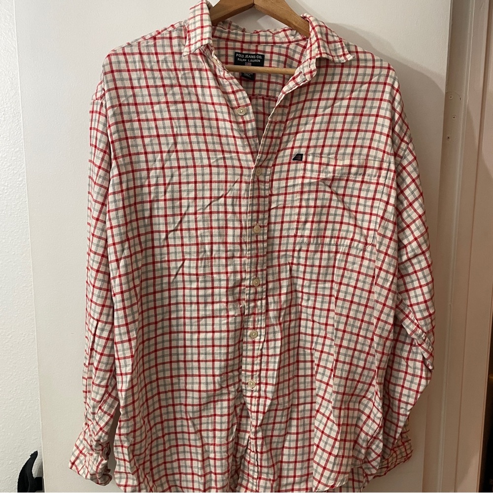 Vintage Ralph Lauren Polo Jeans Co. Men's Red and White Checkered Shirt